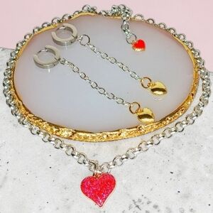 Silver Necklace Earring Set Heart Charms Mixed Metals Messy Coquette Minimalist